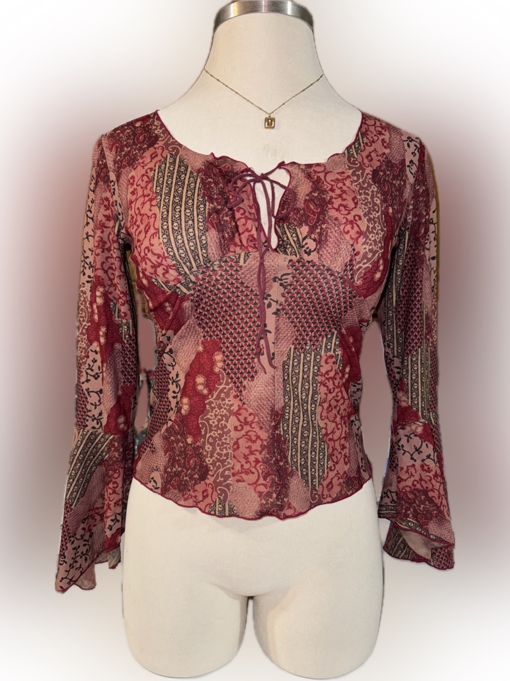 Vintage Moa Moa Red Patchwork Tie-Front Long Flowy Sleeve Blouse